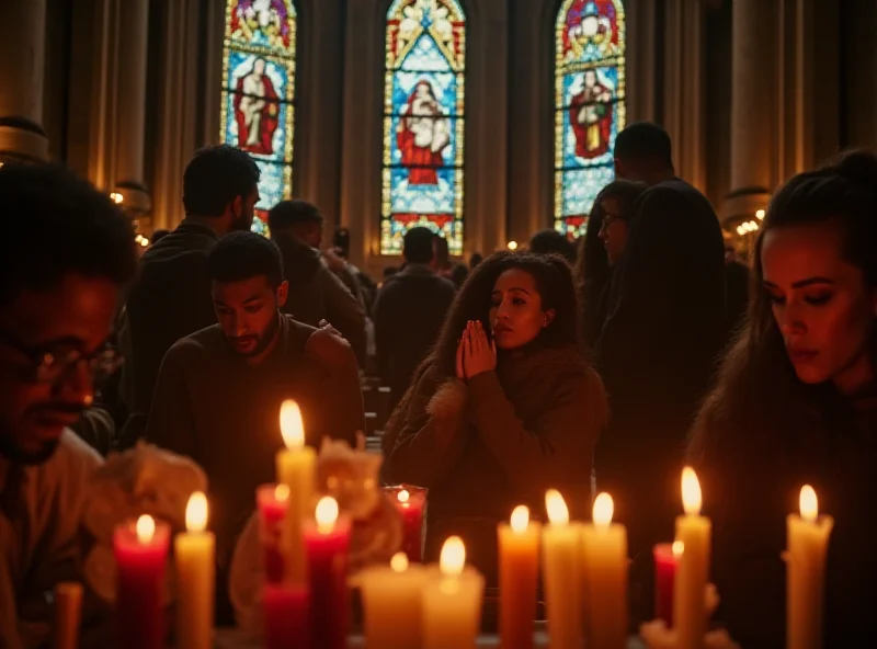 People praying for the Pope in a church, with candles and stained glass windows.