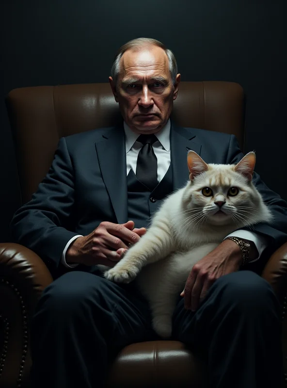 A digitally manipulated image of Vladimir Putin portrayed as a James Bond villain, with a menacing expression and a cat.