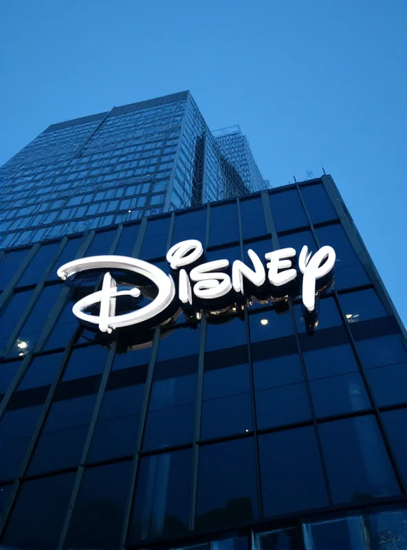 The Disney logo displayed on a corporate building, sky in the background.