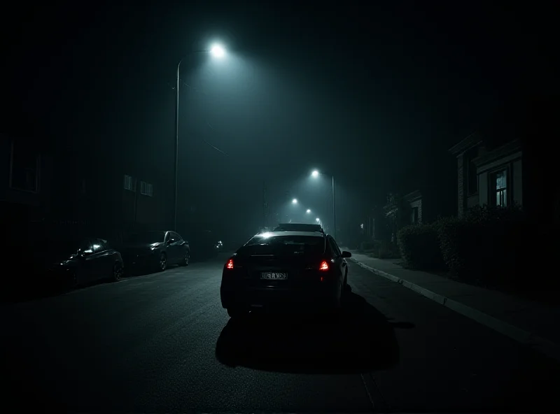 A parked car in a residential neighborhood, shrouded in mystery, possibly at night.