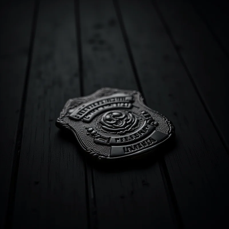A solemn police badge lying on a dark wooden surface, symbolizing mourning and respect.