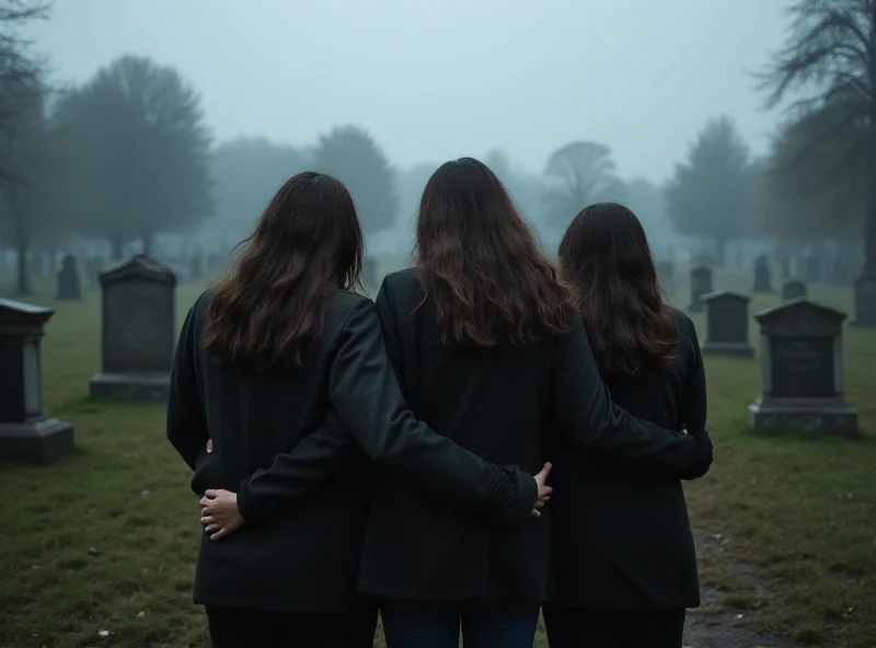 A grieving family stands in front of a cemetery, symbolizing the loss of Weronika.