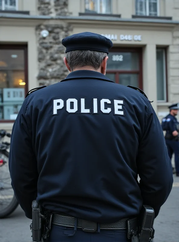 A solemn police officer stands in front of the Poznan police station, head bowed in mourning.