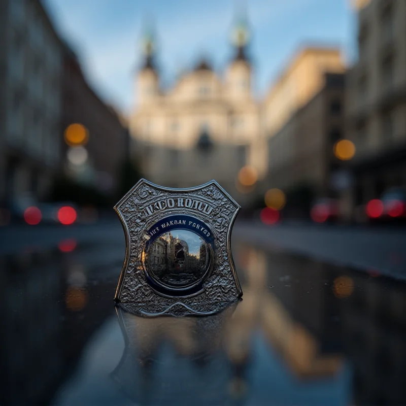 A close-up shot of a single police badge, representing the fallen officer, with a blurred background of the Poznan cityscape.