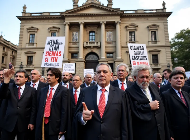 Image of magistrates protesting in front of the Palace of Justice in Genoa, holding signs and banners.