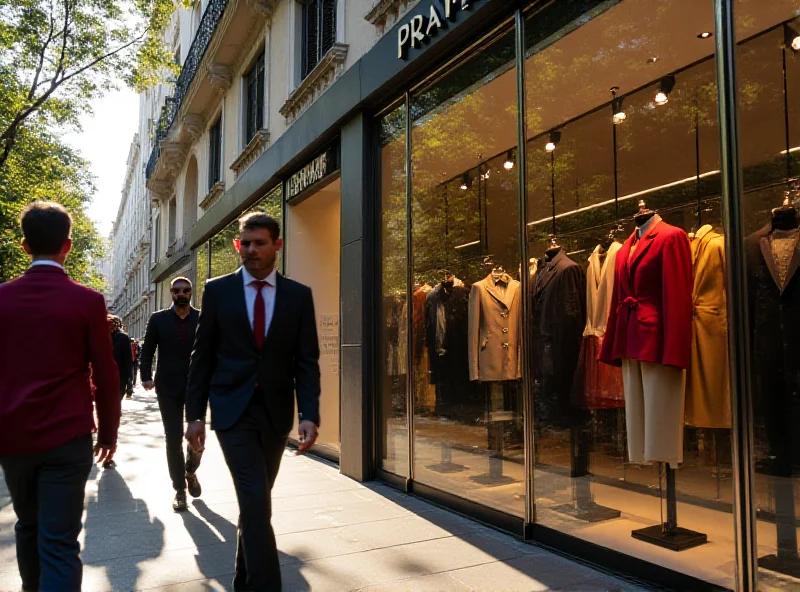 Fashionable people walking in front of a Prada store.