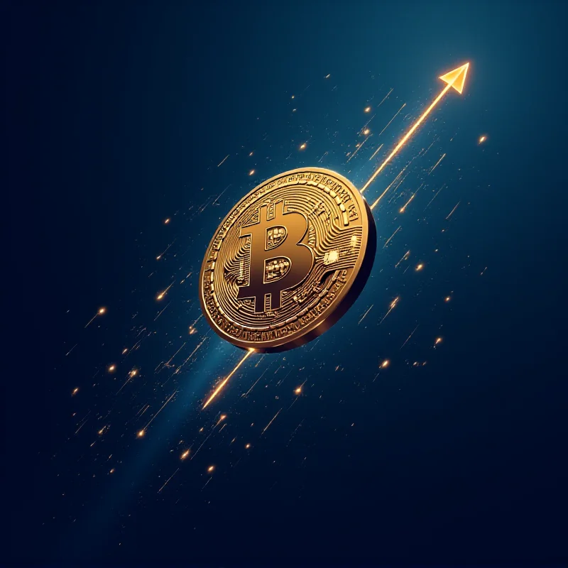A digital illustration of a Bitcoin coin rising upwards.
