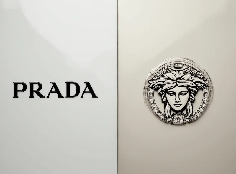 Prada and Versace logos side-by-side, suggesting a merger or acquisition.