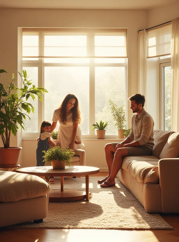 A modern three-room apartment interior with a family enjoying the space.