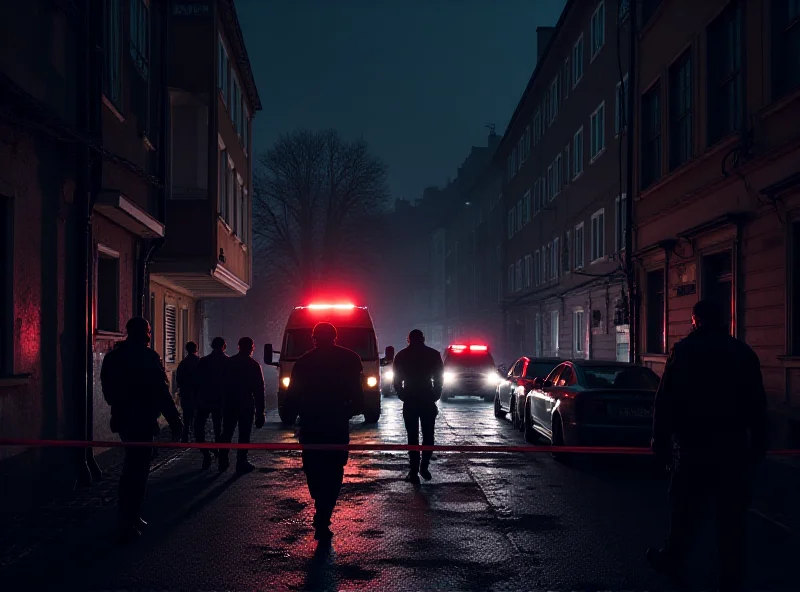 Police officers at a crime scene in Prague at night.