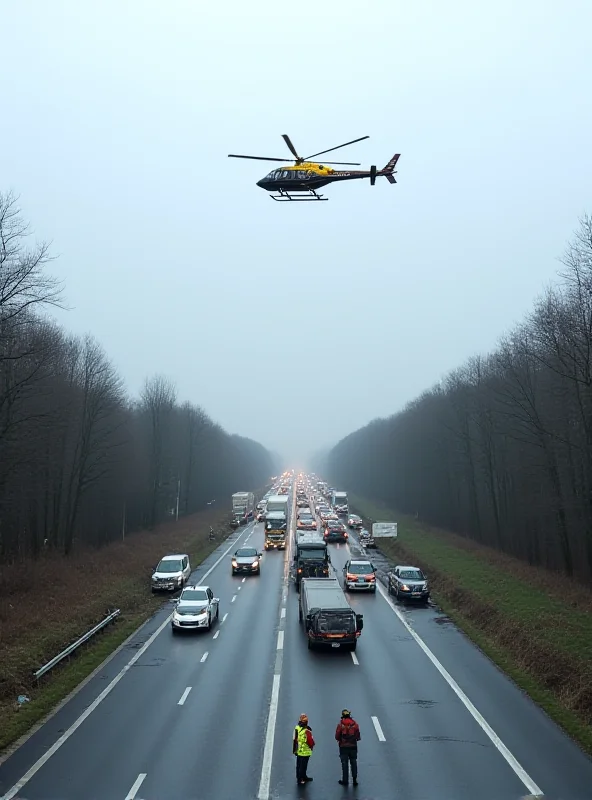 A police helicopter landing near a highway accident in Prague.
