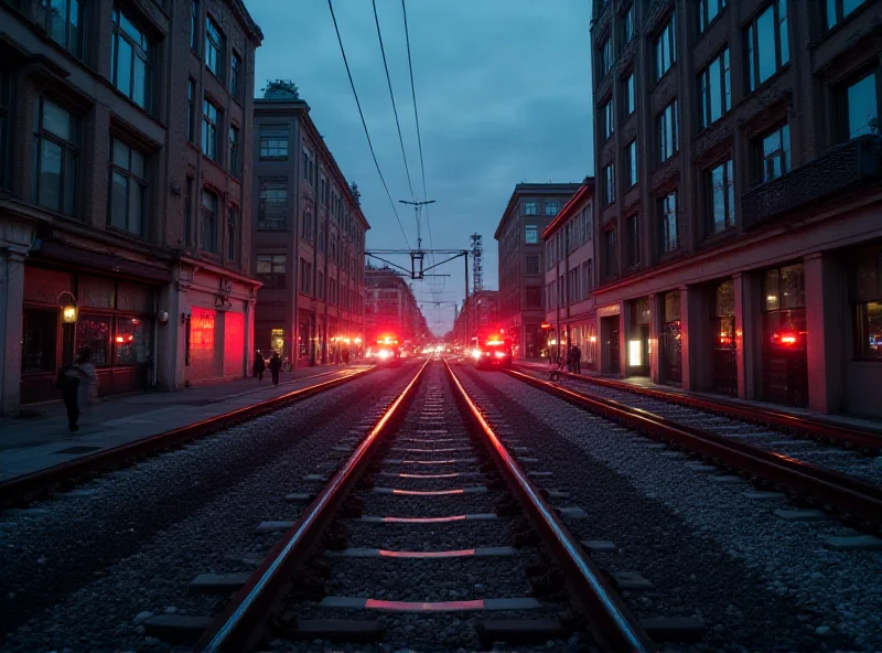 A train track with a level crossing in an urban environment, showing emergency vehicles and police presence.