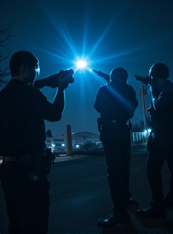 A residential building with police officers on the roof, aiming weapons towards a figure in the distance. Nighttime scene with flashing lights.