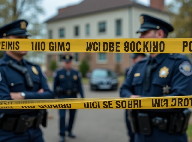 Police tape surrounding a residential building, with police cars and officers present. The scene is tense and serious.