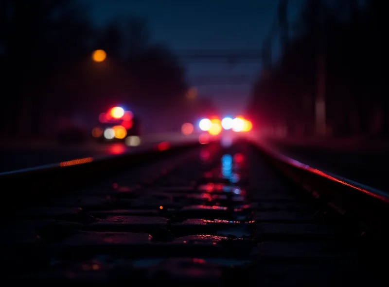 Train tracks with emergency vehicles in the distance.