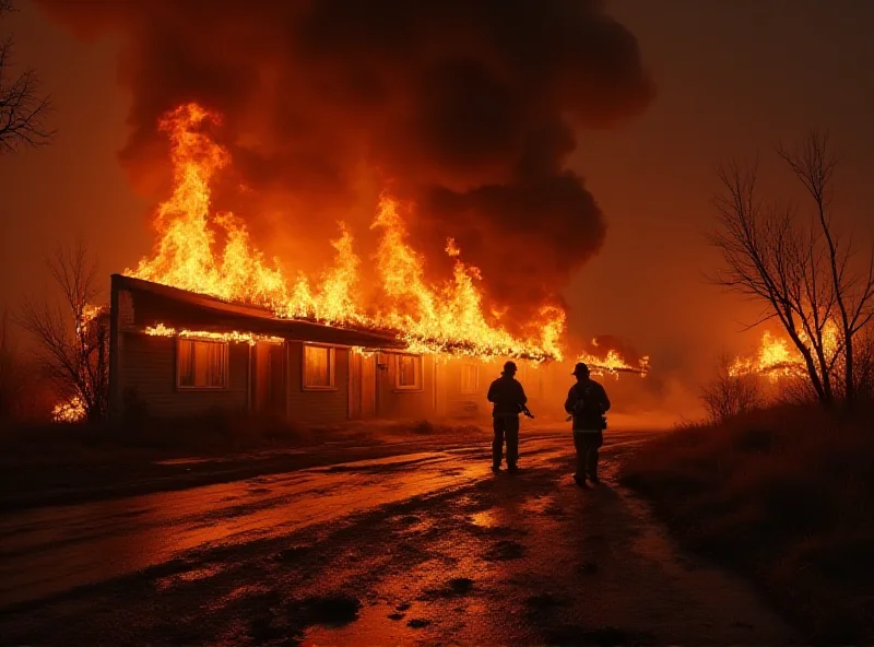 A large fire burning an abandoned building near a highway, with heavy smoke.