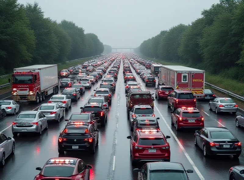 Long line of cars stuck in traffic on a highway, with emergency vehicles trying to navigate the congestion.
