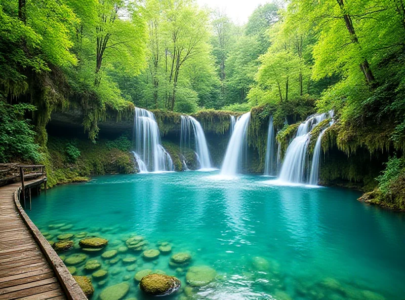 Stunning panoramic view of Plitvice Lakes National Park in Croatia, with cascading waterfalls and turquoise lakes.
