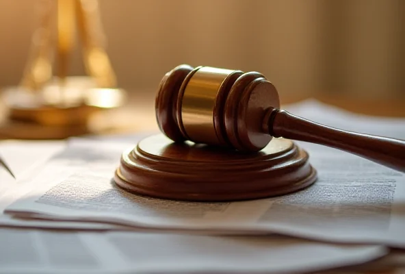A gavel resting on a stack of legal documents.
