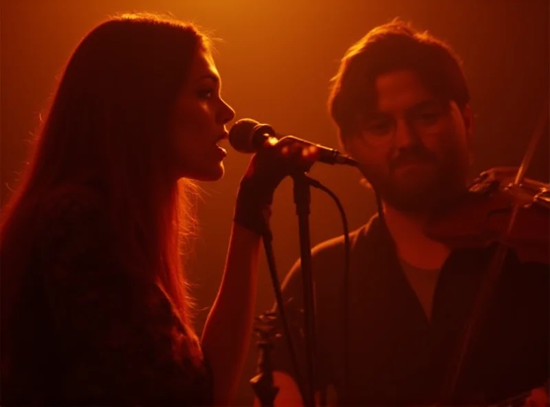 A close-up shot of The Breath performing live on stage, bathed in warm stage lighting. The singer is passionately singing into the microphone, while the guitarist is focused on playing his instrument.