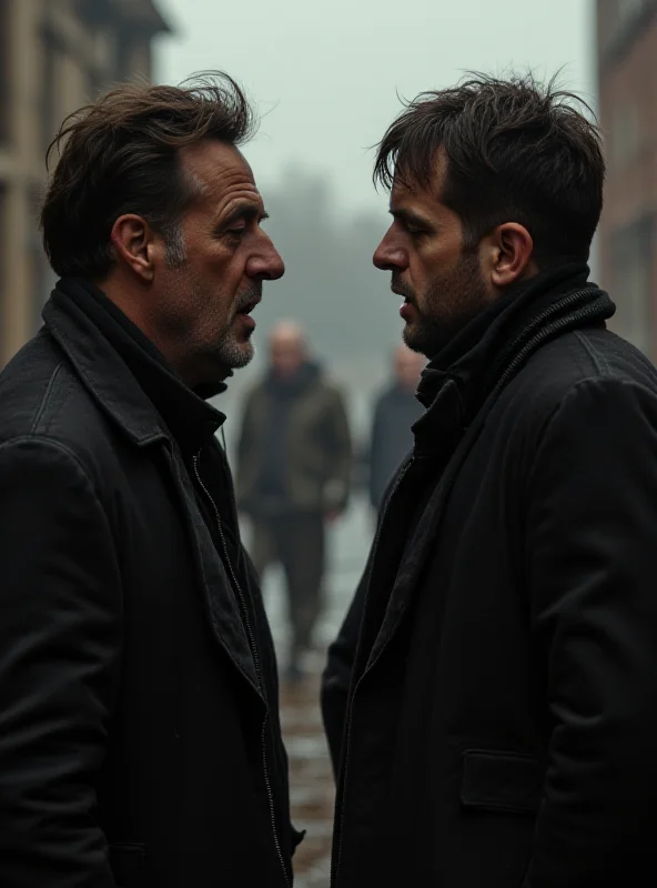 The members of Support Lesbiens are in a music video. The former singer Josef Czenda Urbánek is having a heated discussion with the current singer Dušan Mark.
