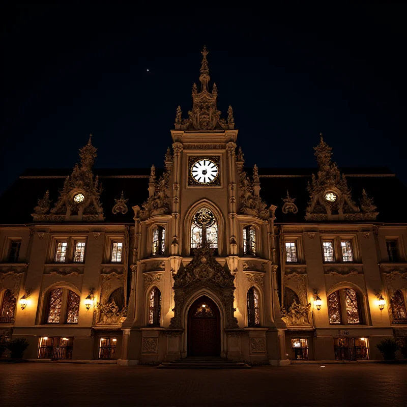 A wide shot of the Municipal House in Prague, illuminated at night. The building is a beautiful example of Art Nouveau architecture.