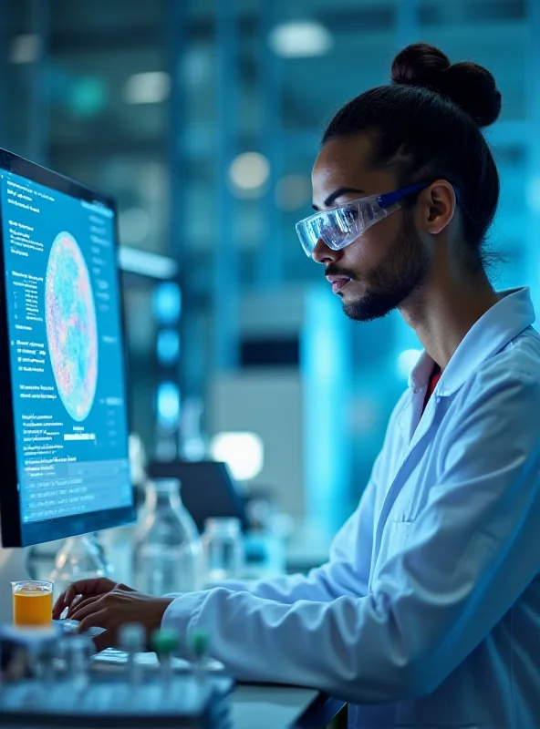 A medical professional in a lab coat examining data on a computer screen, with vials and research equipment visible in the background, conveying the research and development aspect of Praxis Precision Medicines.