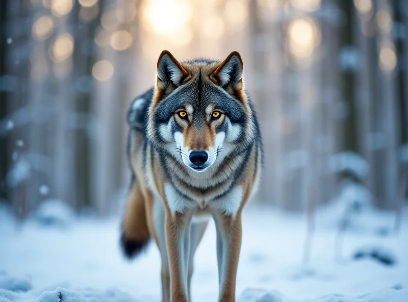 A majestic wolf standing in a snowy forest in Europe.