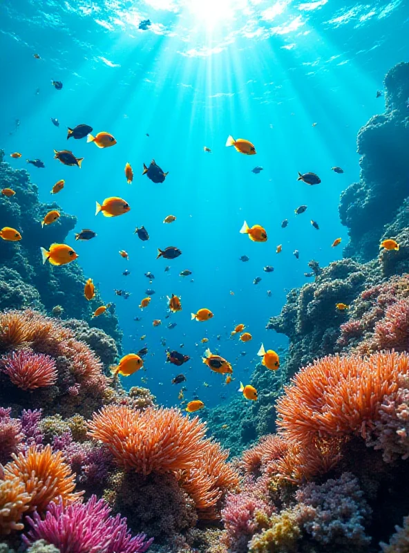 A diverse coral reef teeming with life, representing the biodiversity under threat.