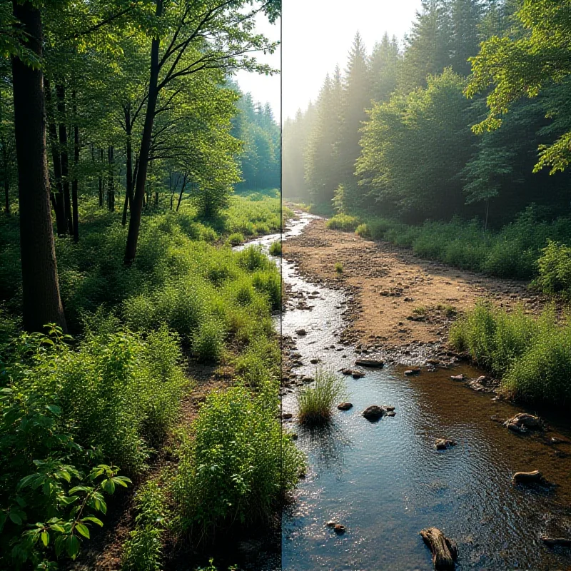 A split image showing a healthy forest on one side and a deforested landscape on the other, representing the consequences of biodiversity loss.