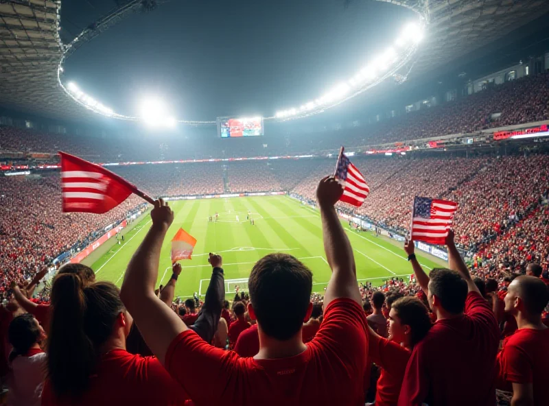 A packed soccer stadium in the United States, with fans cheering and waving flags.