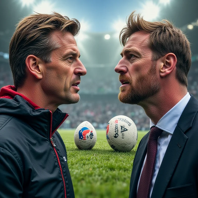 A split image of Chris Sutton and Finn Russell, facing each other in a competitive stance.
