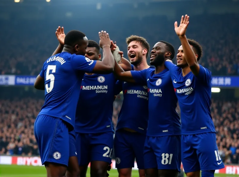 Chelsea players celebrating a goal during a Premier League match at Stamford Bridge.