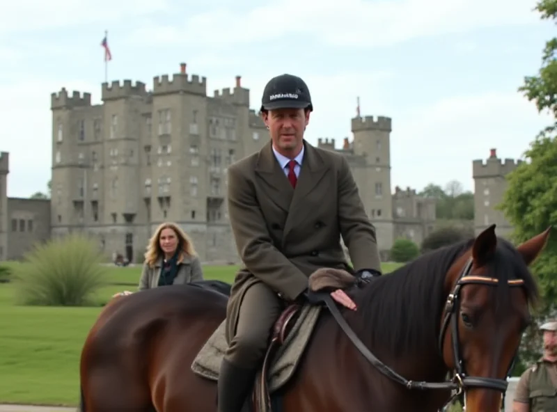 Prince Andrew riding a horse around Windsor Castle looking cheerful, despite allegations against him.
