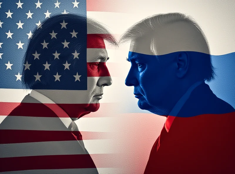 A symbolic representation of US and Russian flags subtly intertwining, with shadows of Trump and Putin in the background.