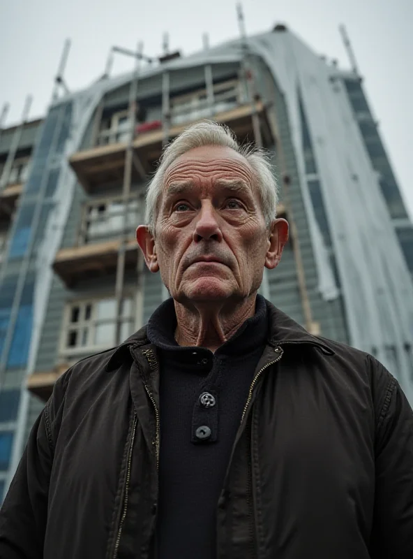 A mid-shot of a worried flat owner looking up at a building covered in scaffolding.