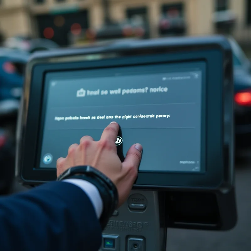 Close up of a frustrated hand hovering over a faulty parking payment machine, with a blurry car park in the background.