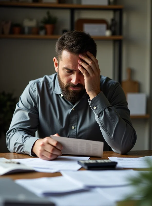A small business owner looking worried while reviewing financial documents.