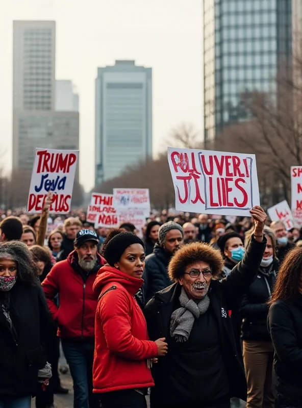 A diverse crowd of people protesting against Trump's policies.