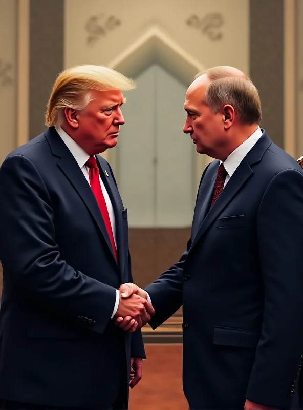 Illustration of Donald Trump and Vladimir Putin shaking hands in a formal setting.