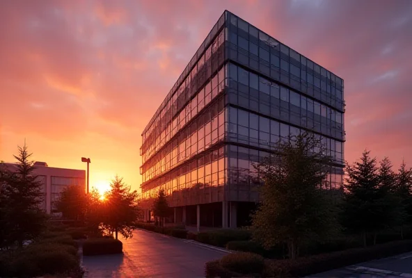 A photo of a corporate office building at sunset.