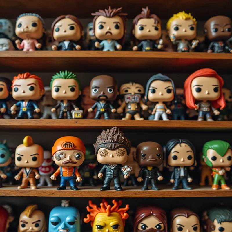 A diverse collection of Funko Pop figures displayed on shelves.