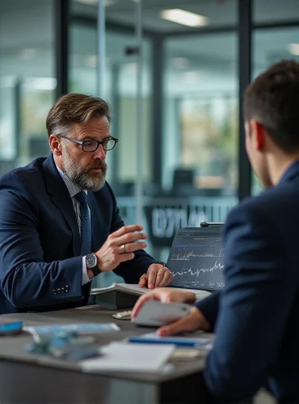 A professional financial advisor discussing investment strategies with a client in a modern office setting.