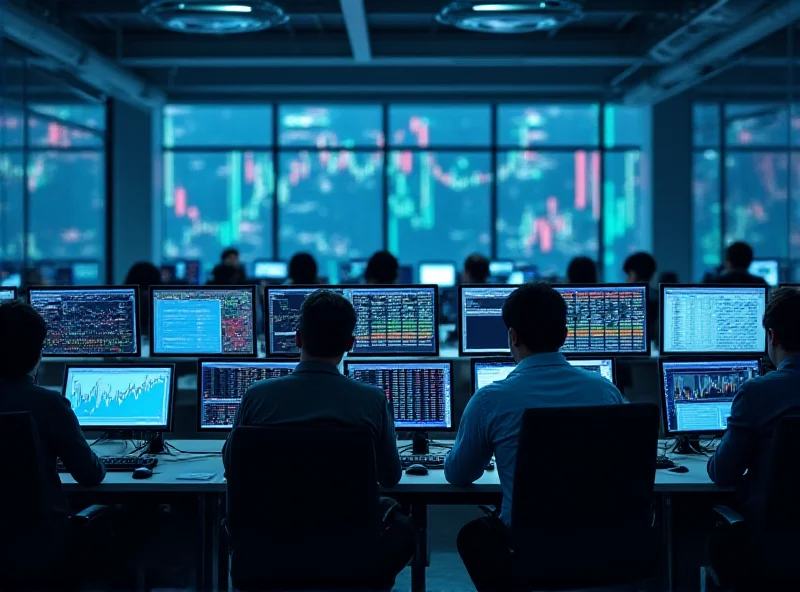 A brightly lit office interior filled with financial data displayed on multiple computer screens. Traders are actively monitoring market trends and making investment decisions.