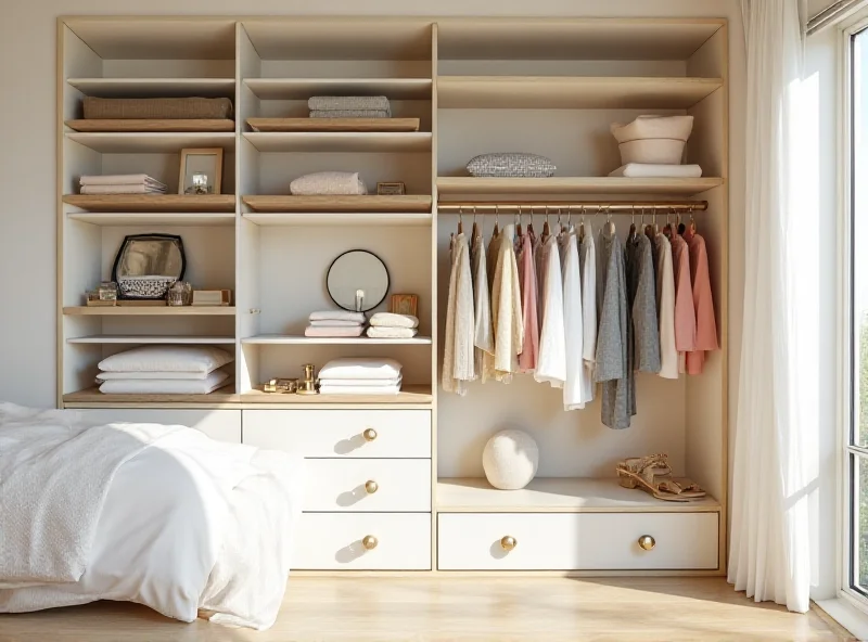 A stylish bedroom with various storage solutions, including shelves, drawers, and hanging racks