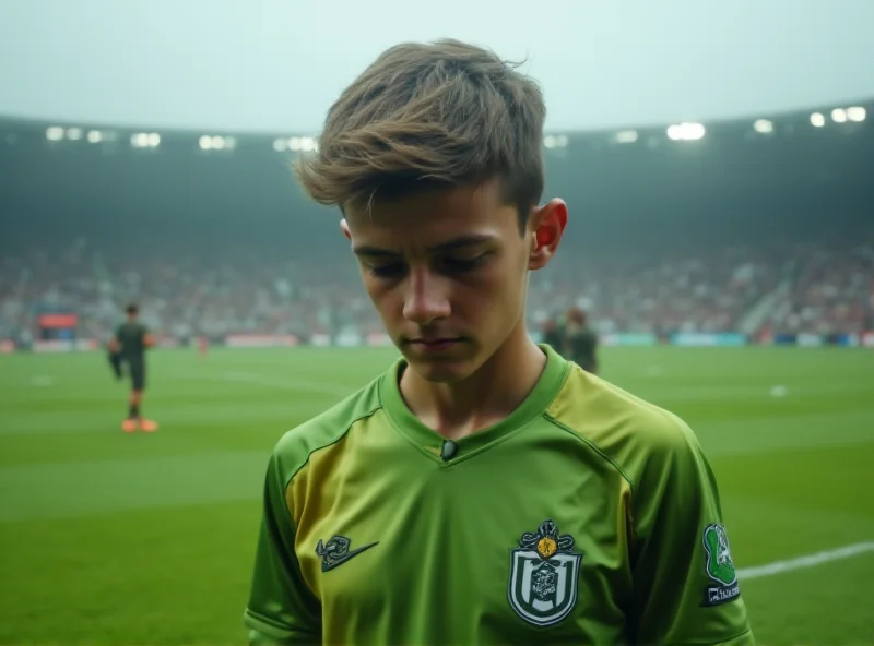 A young soccer player standing on a field, looking dejected with his head down.