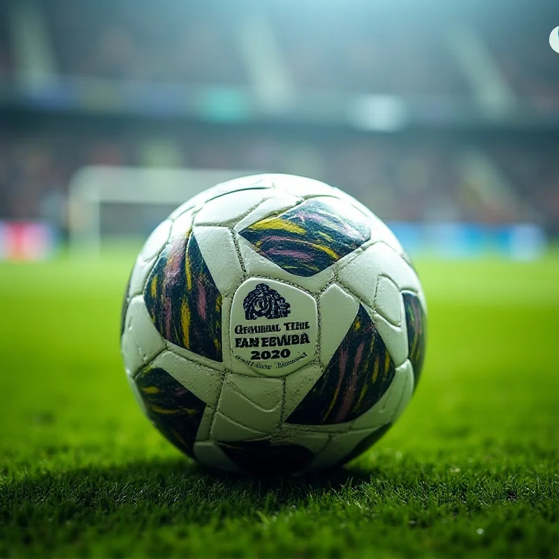 A close-up of a soccer ball with the Copa Libertadores logo on it, with a blurred background of a soccer field.
