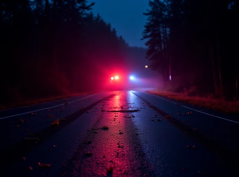 A nighttime scene of a rural road, with emergency vehicle lights flashing in the background. The road is wet and reflects the lights.