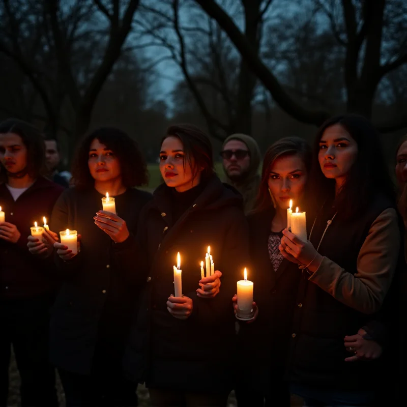 A group of people standing together in a park, looking somber and holding candles. It is dusk, and the atmosphere is one of mourning and remembrance.