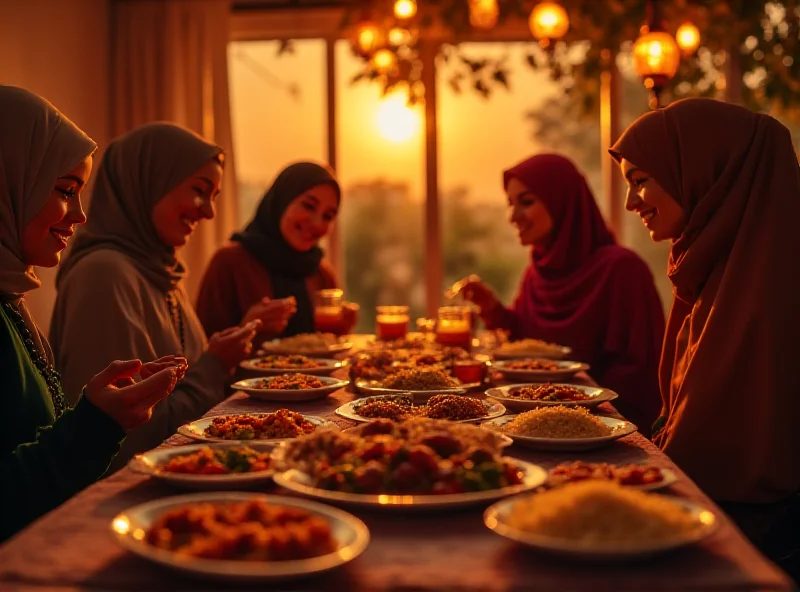 A family breaking their fast at sunset during Ramadan.